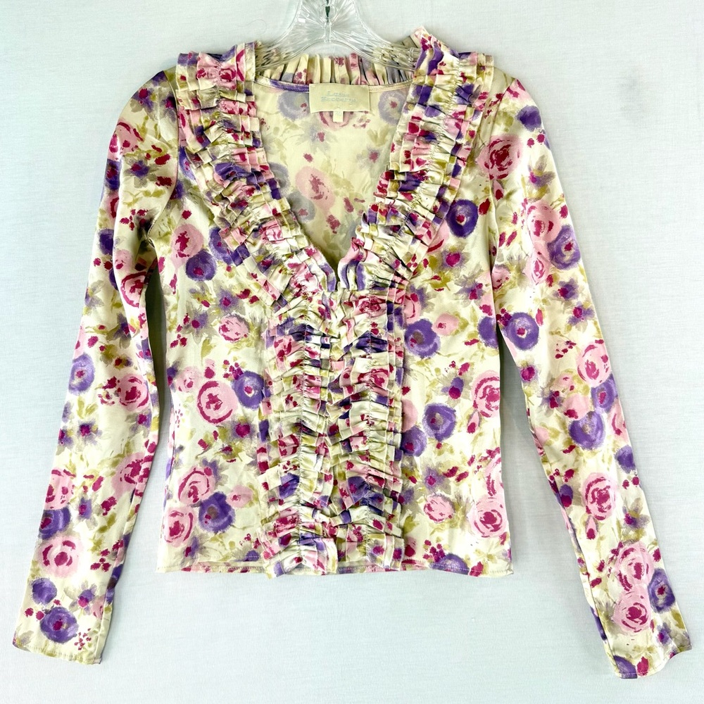 LOUISA BECCARIA Designer Floral Stretch Silk Ruffle V-Neck Blouse